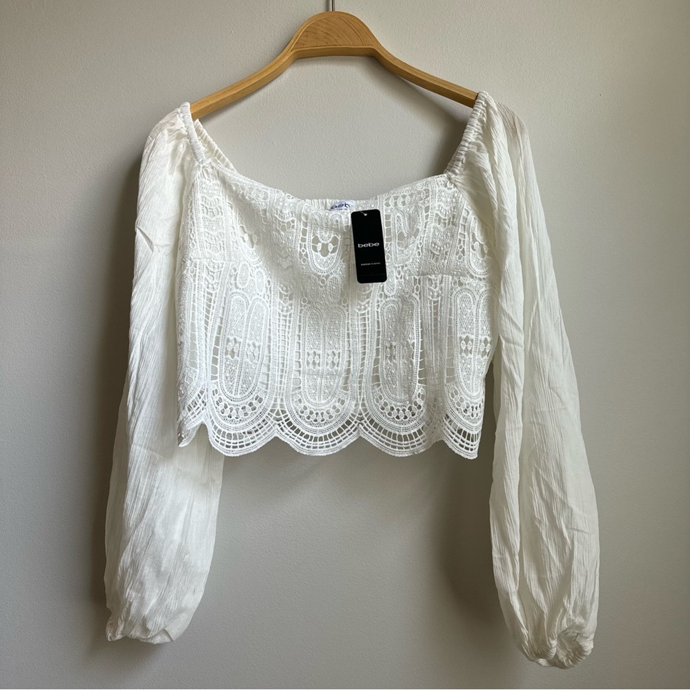 Bebe Crochet Body Full Sleeve Woven Top New With Tags NWT Princess Cottagecore